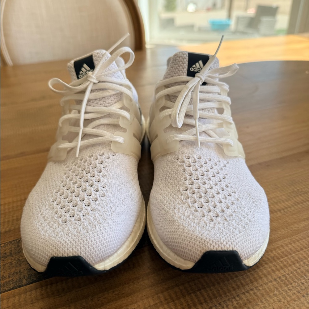 adidas White Knit Ultra Boost Sneakers with Black Patterned Heel - Picture 6 of 8